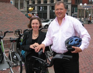 Nicole Freedman and David White at the Government Center Hubway Station in Boston