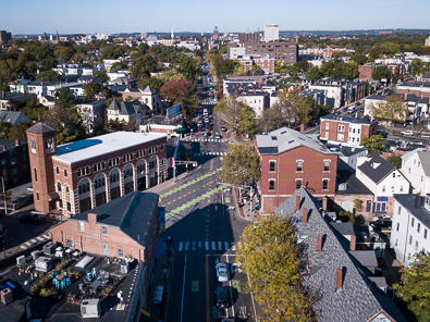 Bike lanes in Inman Square, Cambridge, Massachusetts