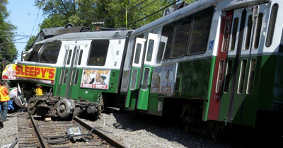 Derailed MBTA green line trolley in Newton, Massachusetts 2008